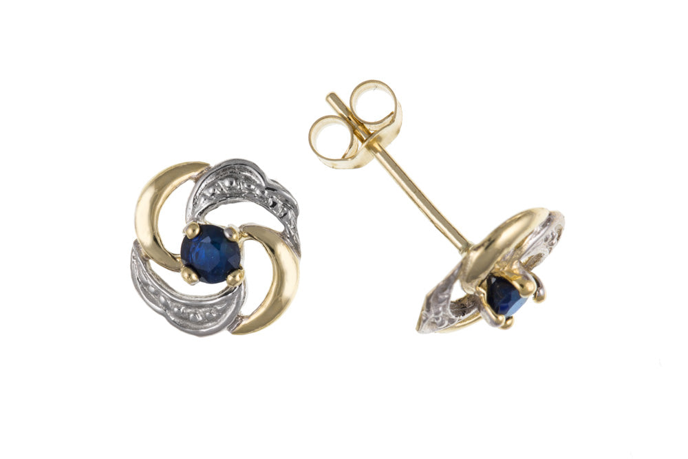 Women's 9ct Yellow White Gold Sapphire Stud Earrings September Birthstone
