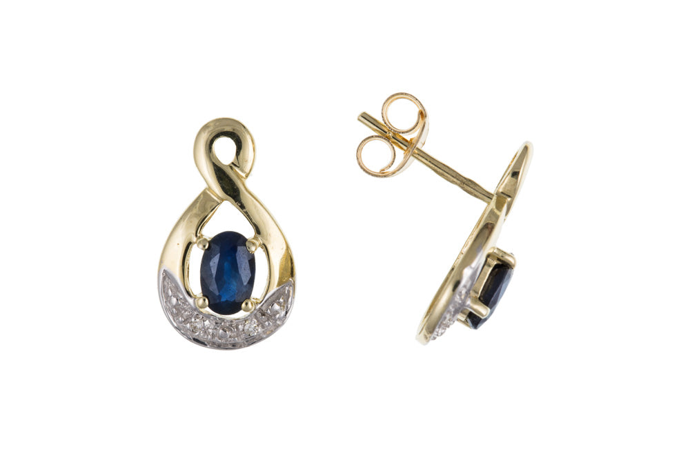 Women's 9ct Yellow Gold Real Sapphire Diamond Infinity Knot Stud Earrings September Birthstone