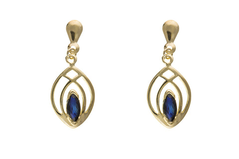 Women's 9ct Yellow Gold Real Marquise Sapphire Drop Earrings September Birthstone