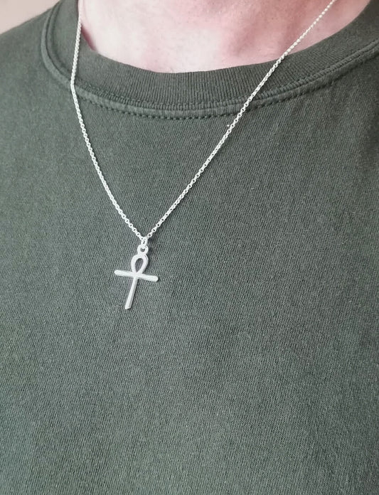 Men's Ankh Cross Pendant Sterling Silver Symbol of Fertility Eternal life necklace worn on model