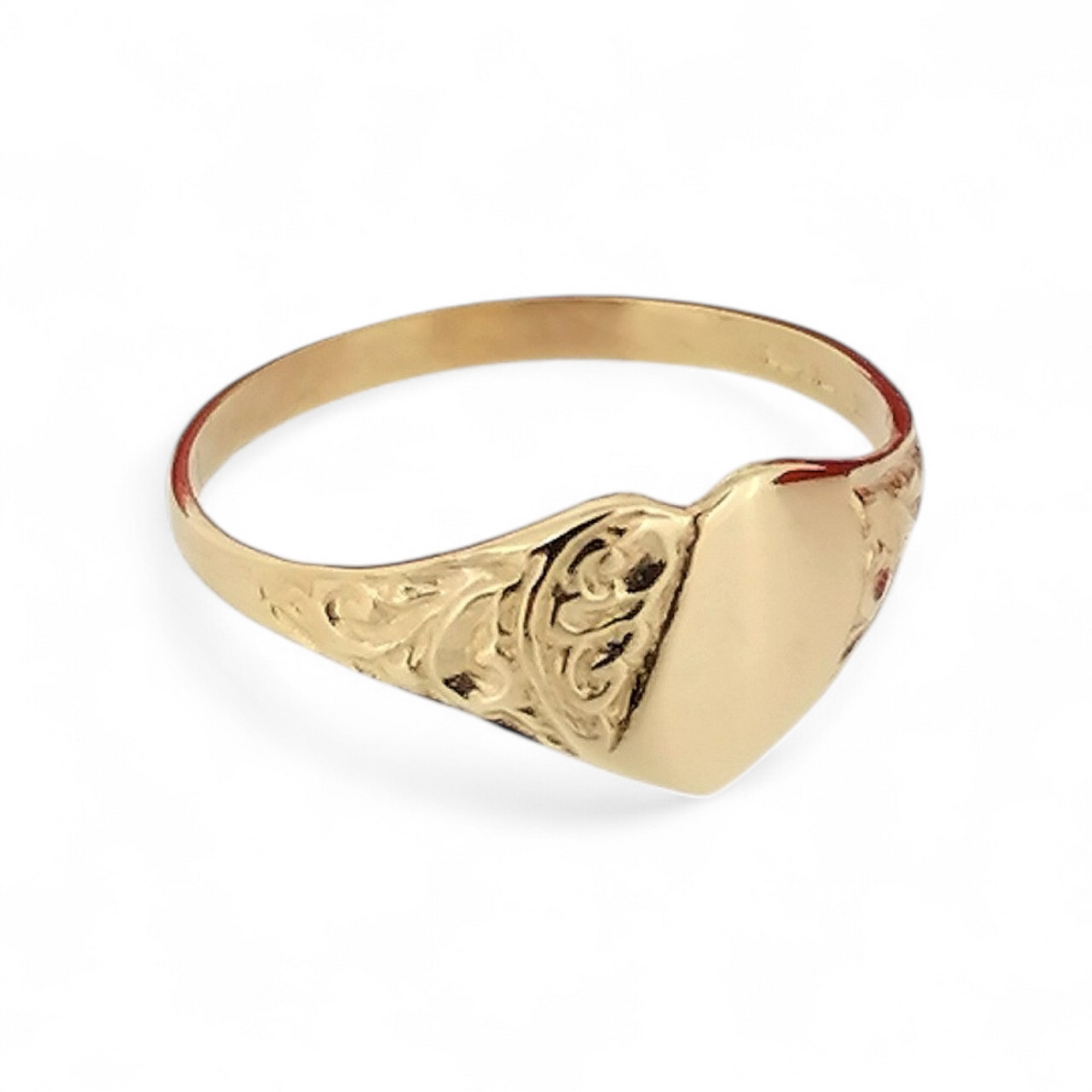 Real 9ct yellow gold half engraved heart shape ladies signet ring