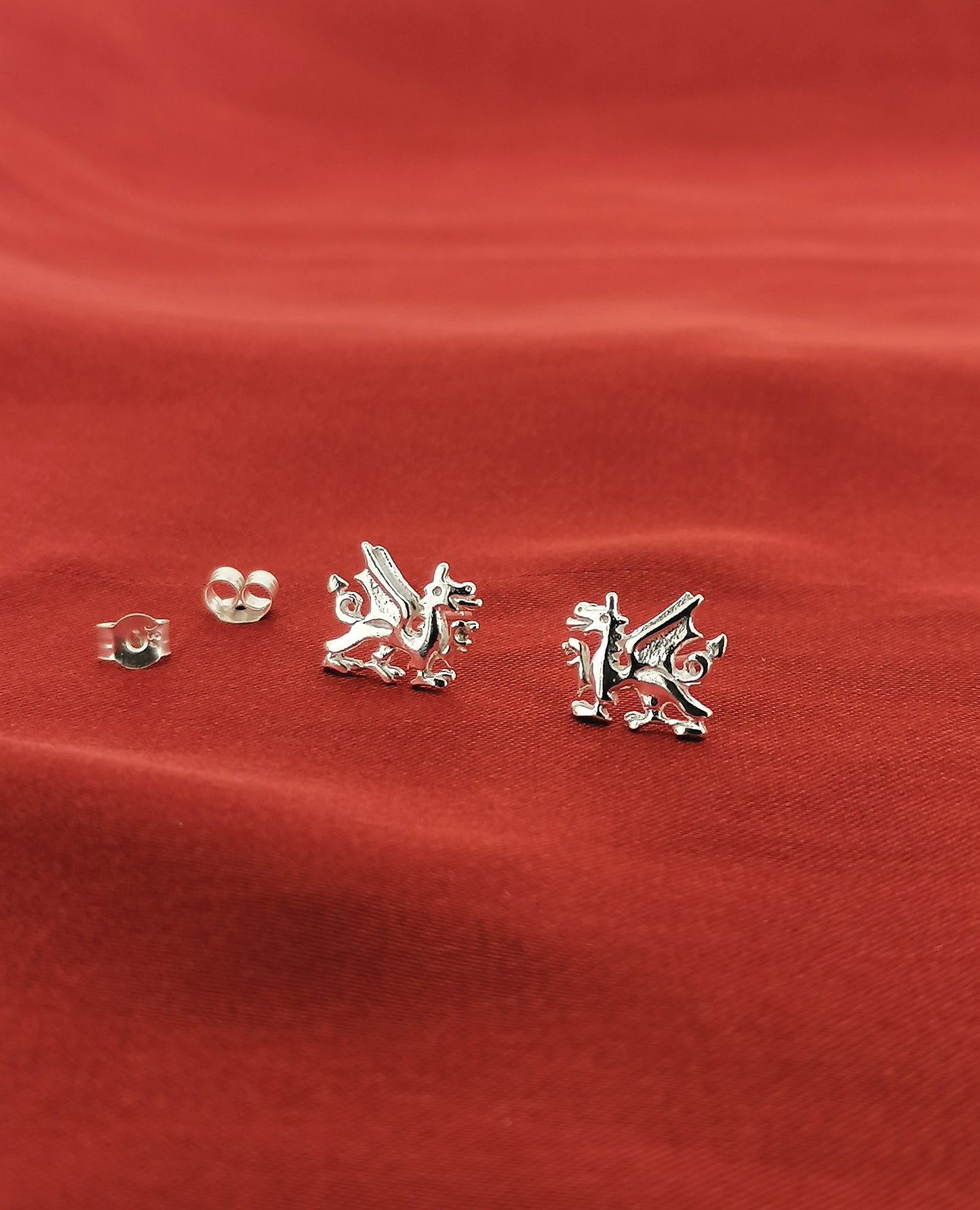 Solid Sterling Silver Welsh Dragon Stud earrings Wales Flag Emblem Jewellery