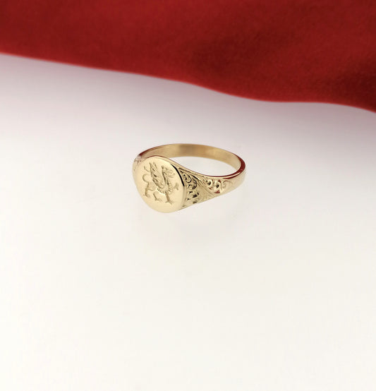 Solid 9ct Yellow Gold Welsh Dragon Signet Ring Mens Womens Cadwalader Red Dragon Y Ddraig Goch