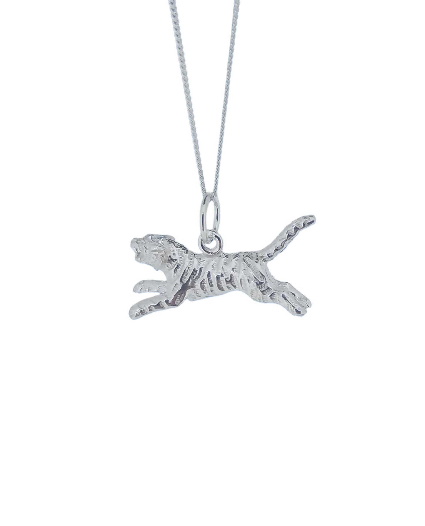 Solid Sterling Silver Pouncing Tiger Pendant Necklace