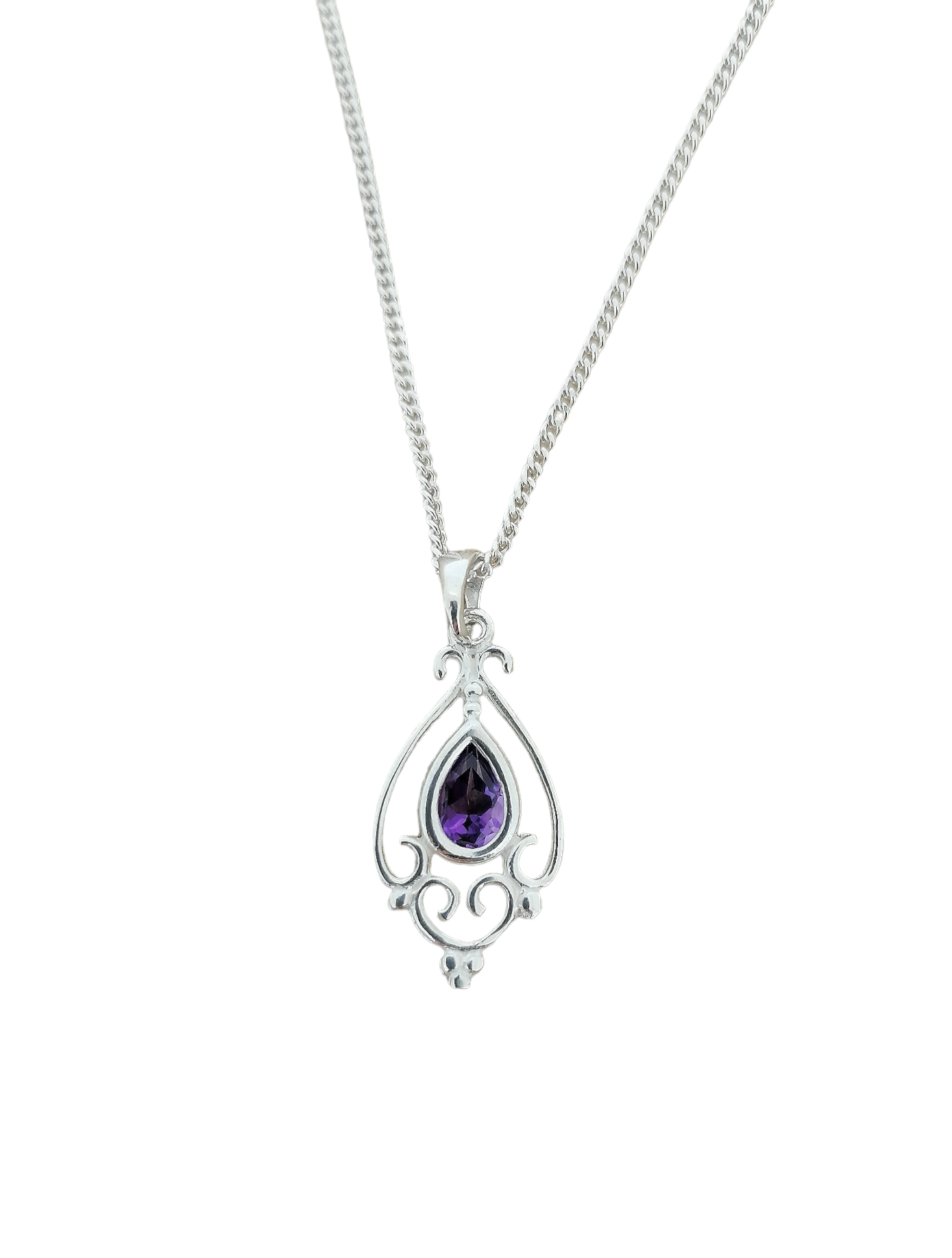 Sterling Silver Vintage Amethyst Victorian Style Pendant Necklace