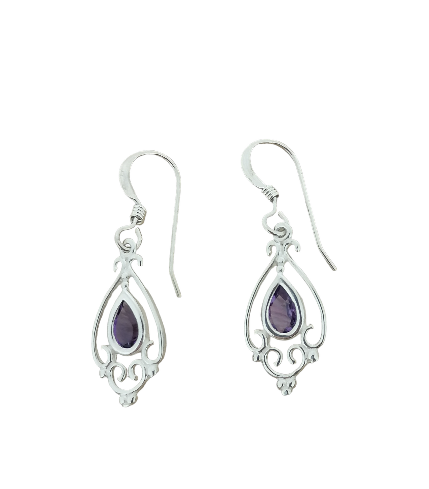 Sterling Silver Vintage Amethyst Drop Earrings Victorian Style February Birthstone