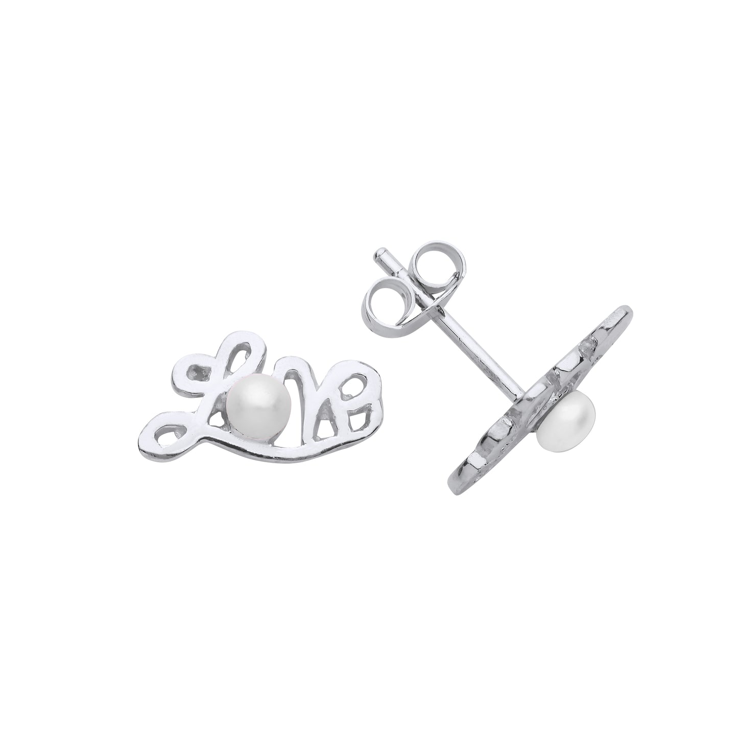Sterling Silver Love Word Pearl Stud Earrings