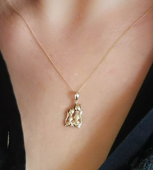 Solid 9ct Yellow Gold Cat and Kitten Pendant Necklace 18" Gold Curb Link Chain