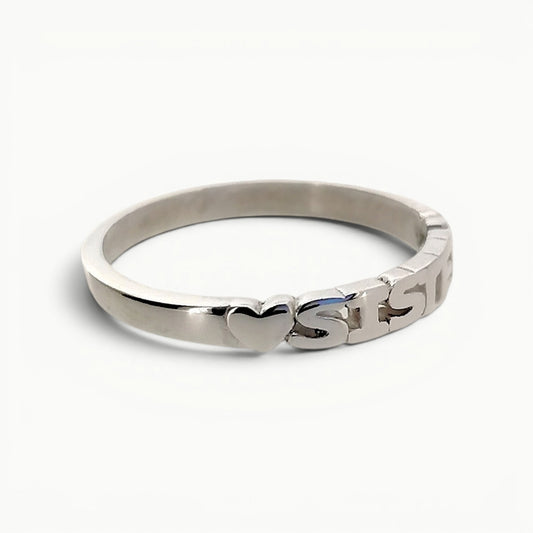 Side view of sterling silver sister band ring with hearts