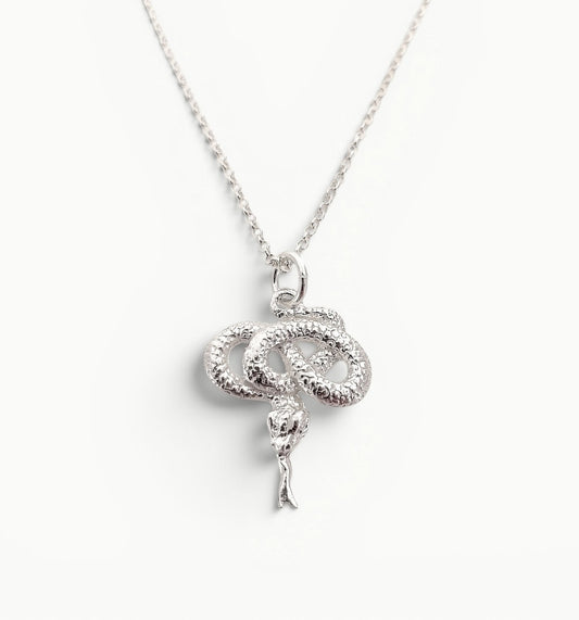 Sterling Silver coiled snake pendant on a 20" 1.4mm wide belcher link chain.