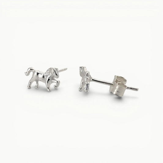 Sterling Silver small horse pony stud earrings side view.