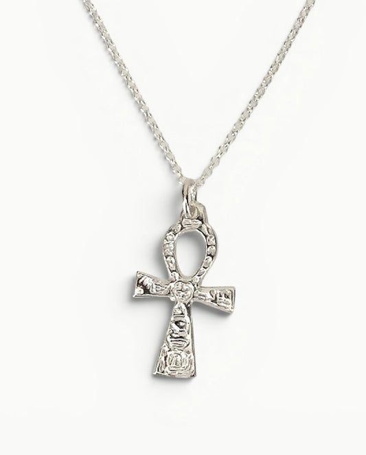 Ankh Cross with Hieroglyphs Pendant Sterling Silver