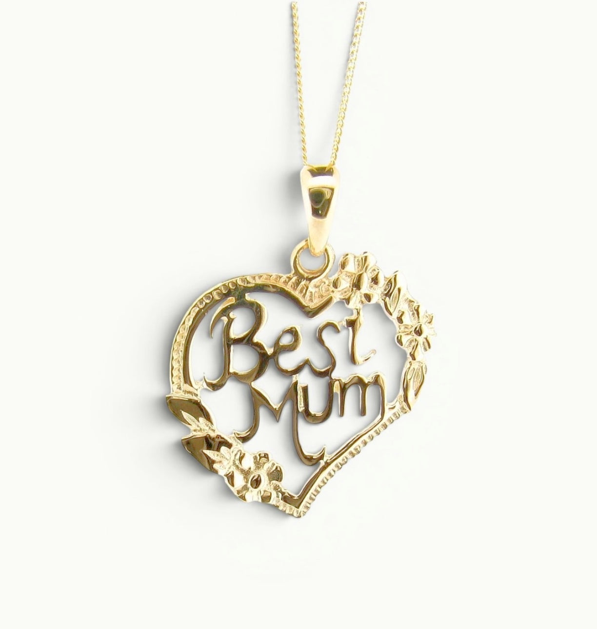 9ct Yellow Gold Best Mum heart shape pendant with floral detailing on an 18" 9ct yellow gold curb link chain.