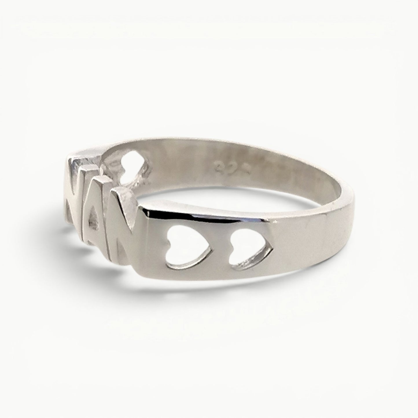 Sterling silver Nan ring with hearts side view