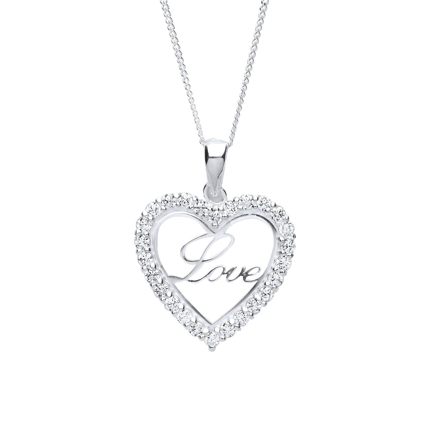 Diamond Simulant Sterling Silver Heart Shape Love Word Pendant Necklace