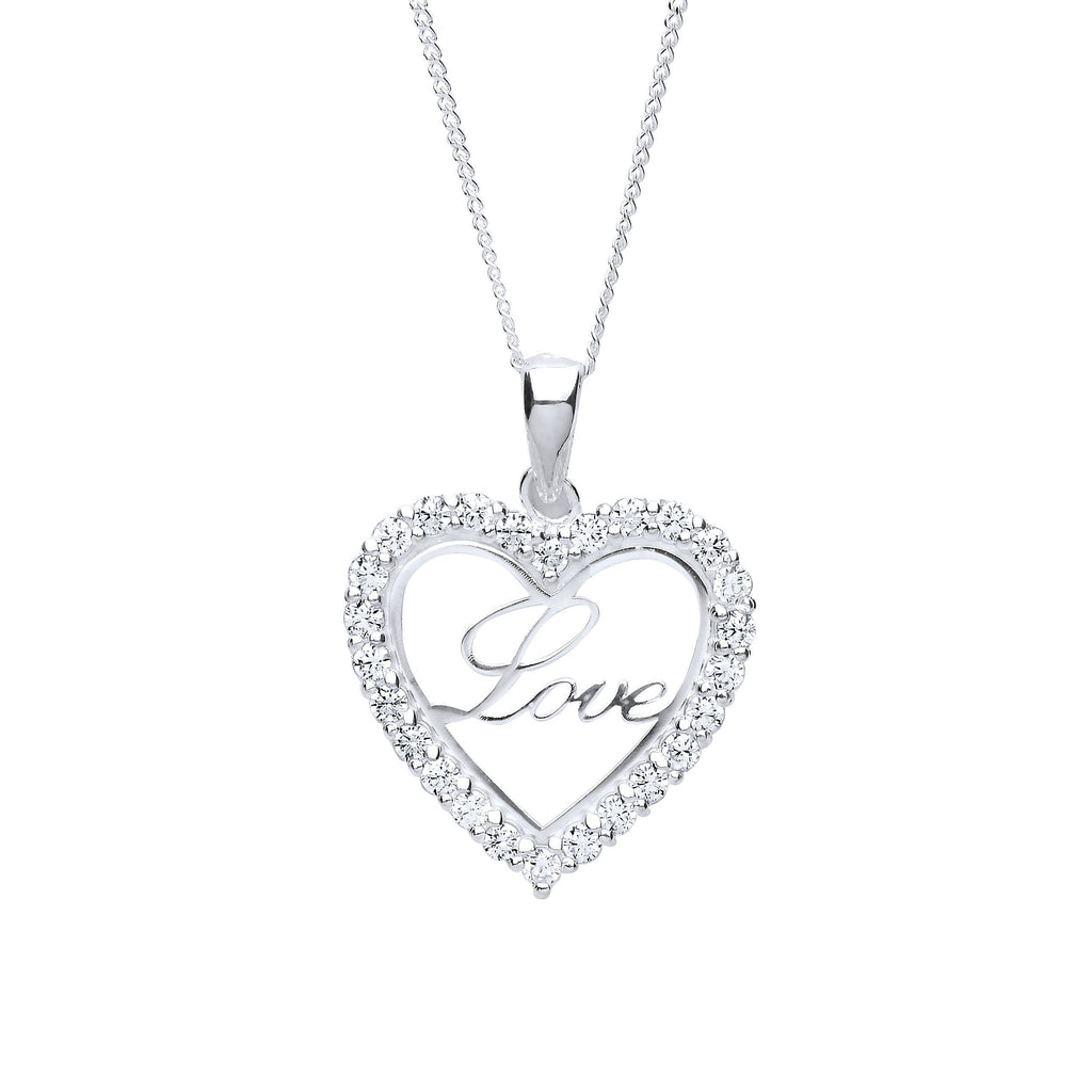 Diamond Simulant Sterling Silver Heart Shape Love Word Pendant Necklace