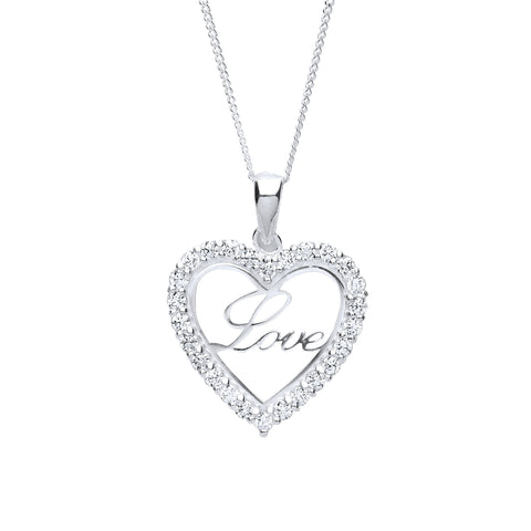 Diamond Simulant Sterling Silver Heart Shape Love Word Pendant Necklace 