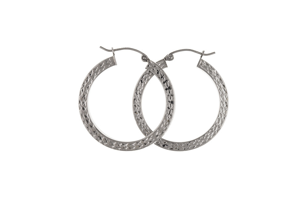 Diamond Cut Round Creole Hoops Earrings Sterling Silver Small Large