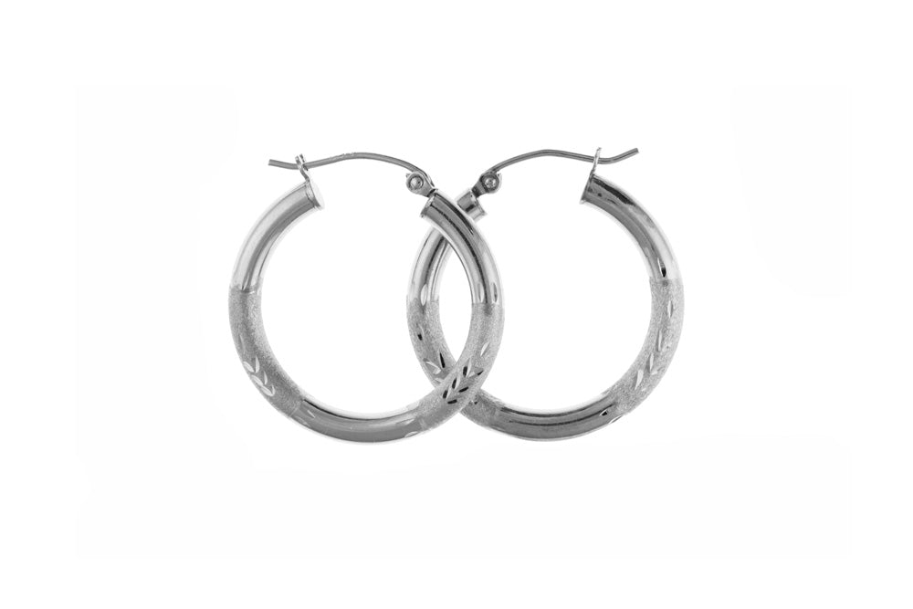 Diamond Cut Satin Finish Small Round Creole Hoops Earrings Sterling Silver