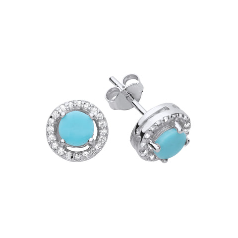 Sterling Silver Real Natural Turquoise Diamond Simulant Round Stud Earrings December Birthstone Women's
