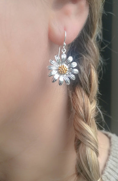 Womens Sterling Silver Gold Plated Sunflower Drop Earrings