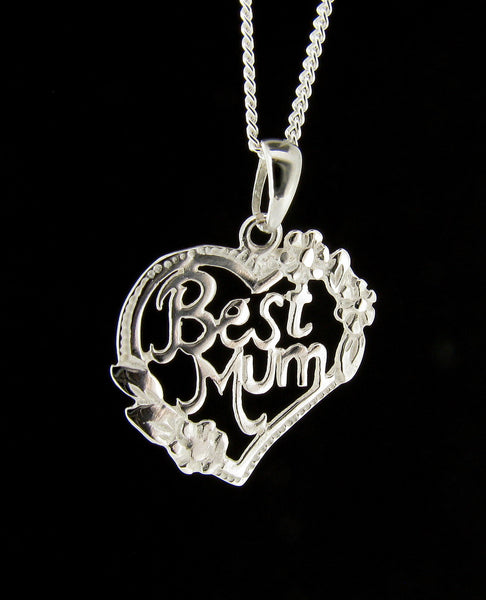 Sterling Silver Best Mum Heart Shape Pendant Necklace. The perfect gift for Mothers's Day, Birthday or Christmas