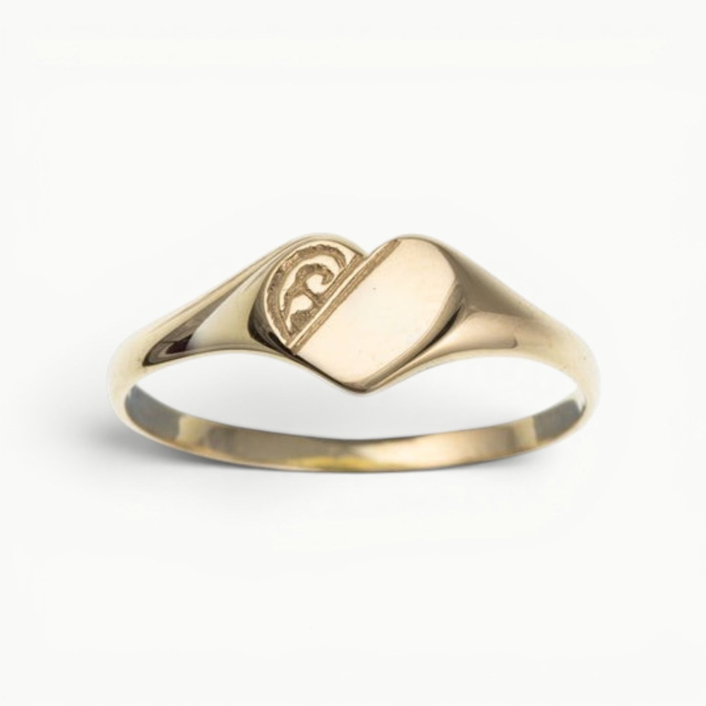 Minimalist 9ct yellow gold half engraved heart shape signet ring for ladies 