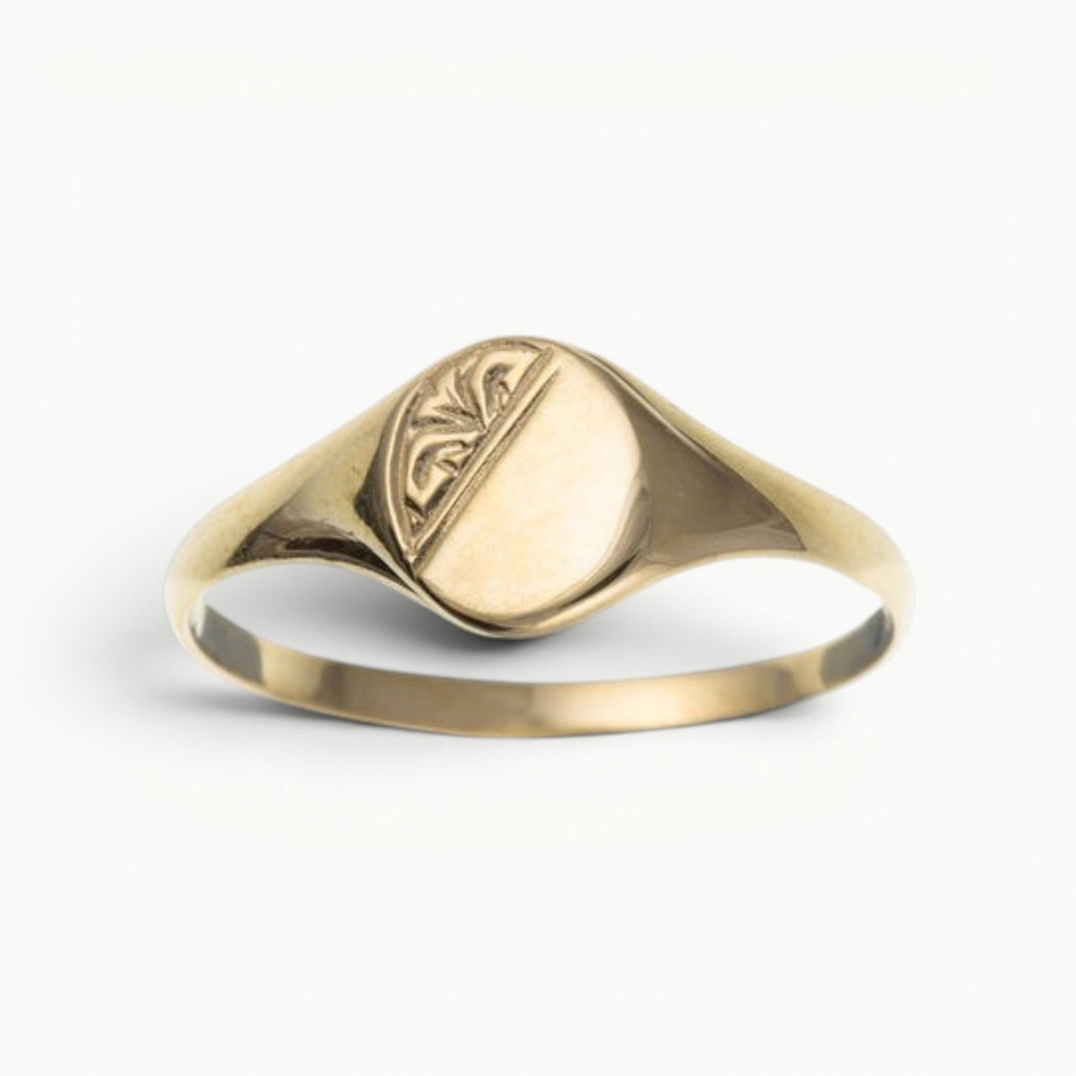 9ct Yellow Gold Ladies Dainty Minimalist Half Engraved Oval Signet Ring 
