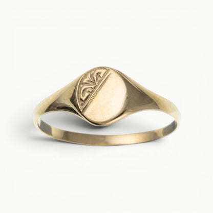 9ct Yellow Gold Ladies Dainty Minimalist Half Engraved Oval Signet Ring 