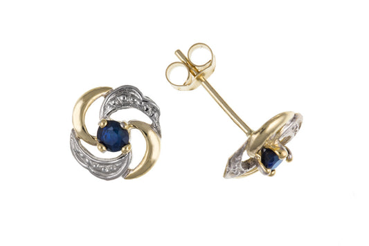 Women's 9ct Yellow White Gold Sapphire Stud Earrings September Birthstone