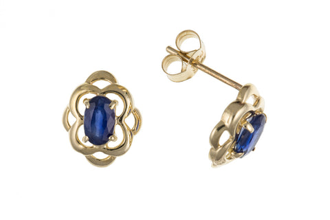 Women's 9ct Yellow Gold Real Kanchan Sapphire Celtic Stud Earrings September Birthstone Jewellery