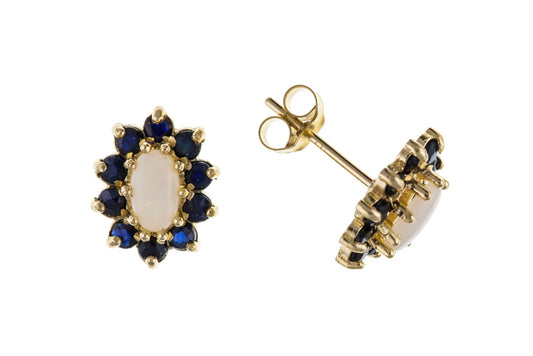 Women's 9ct Yellow Gold Real Opal and Sapphire Cluster Stud Earrings September October Birthstone