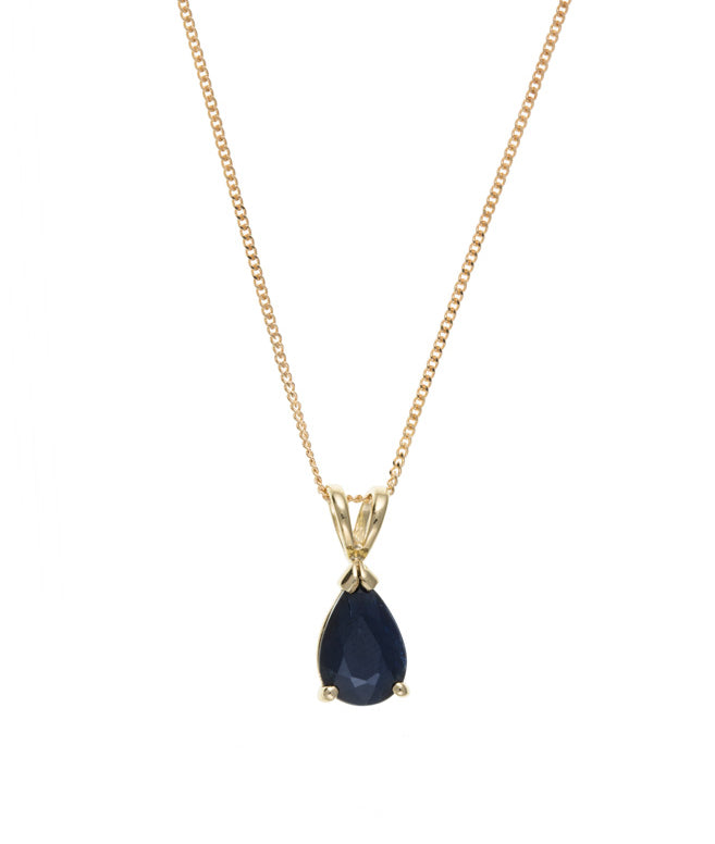 Women's 9ct Yellow Gold Pear Shape Real Sapphire Pendant Necklace September Birthstone