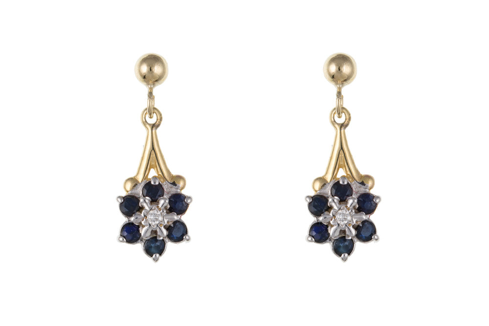 Women's Real 9ct Yellow Gold Sapphire & Diamond Cluster Drop Earrings September Birthstone