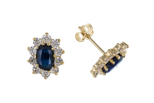 Women's 9ct Yellow Gold Sapphire Cubic Zirconia Cluster Stud Earrings September Birthstone