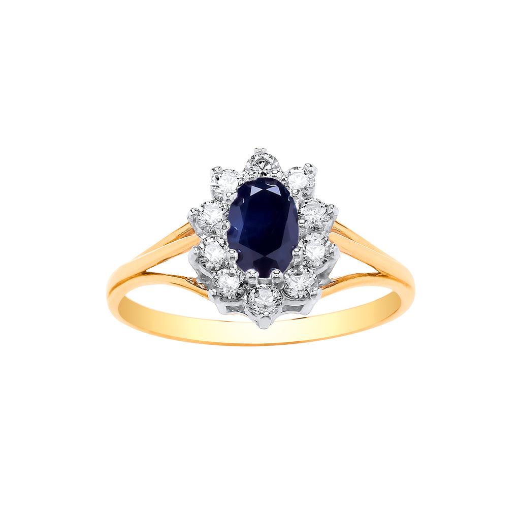 9ct Yellow Gold Real Sapphire and Diamond Simulant Cubic Zirconia Cluster Engagement Ring September Birthstone