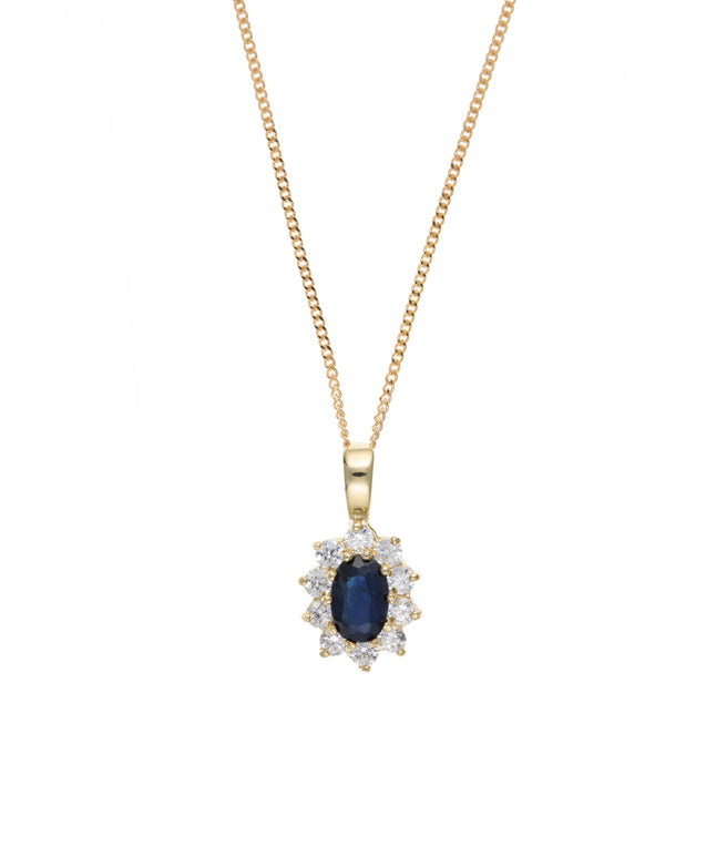 Women's 9ct Yellow Gold Real Sapphire and Diamond Simulant Pendant Necklace September Birthstone