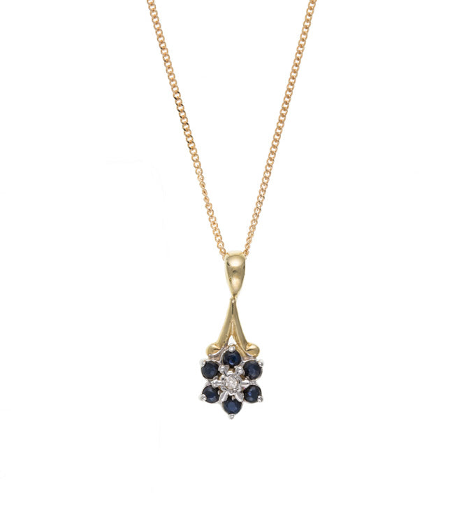 Women's 9ct Yellow Gold Sapphire and Diamond Cluster Pendant Necklace September Birthstone