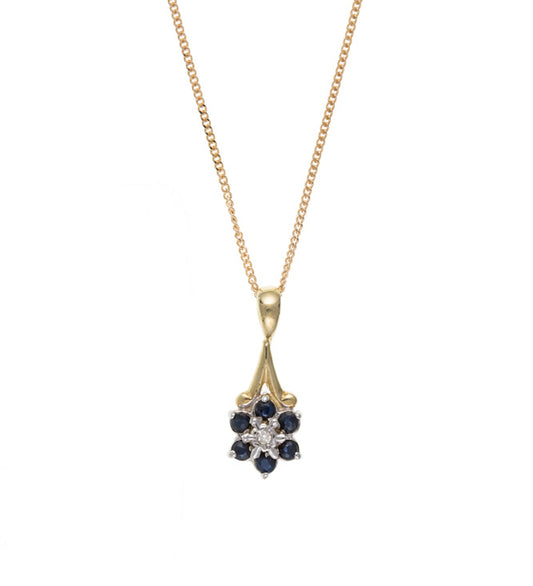 Women's 9ct Yellow Gold Sapphire and Diamond Cluster Pendant Necklace September Birthstone
