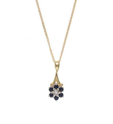 Women's 9ct Yellow Gold Sapphire and Diamond Cluster Pendant Necklace September Birthstone