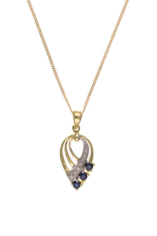 Women's 9ct Yellow Gold Real Sapphire and Diamond Pendant Necklace September Birthstone