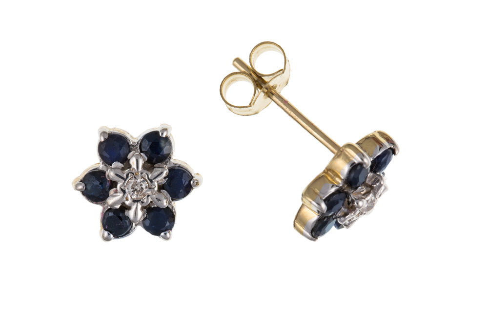 9ct Gold Two Tone Sapphire & Diamond Cluster Stud Earrings