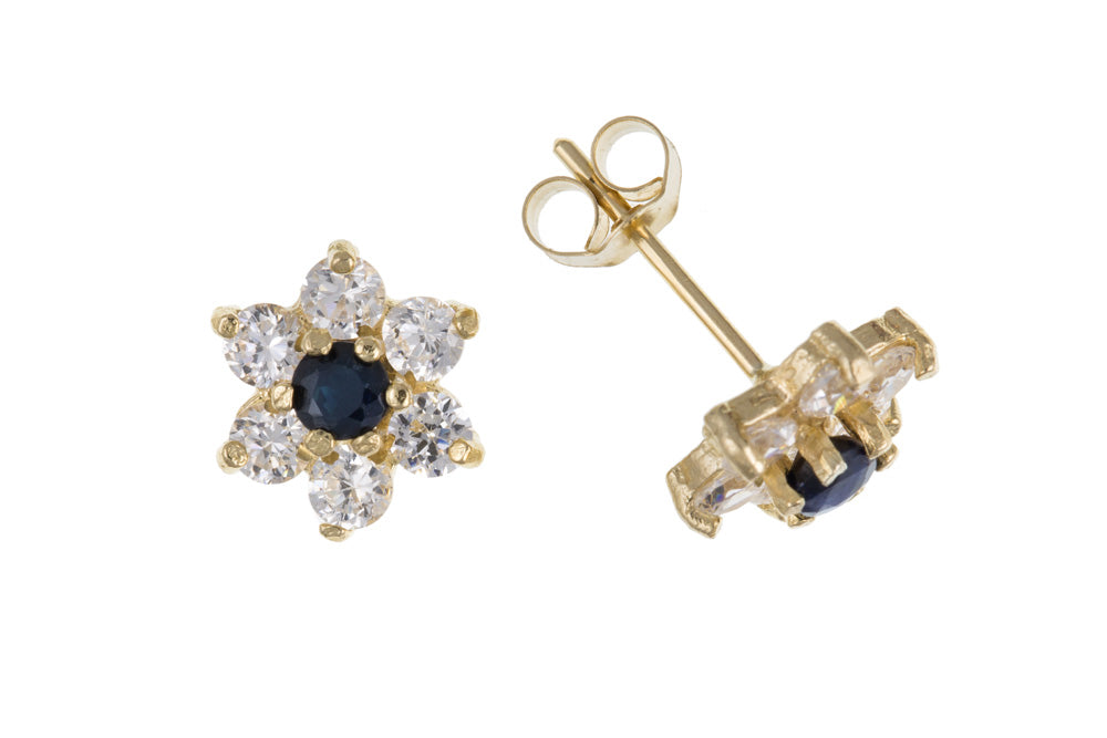 9ct Yellow Gold Sapphire and Diamond Simulant Cluster Earrings