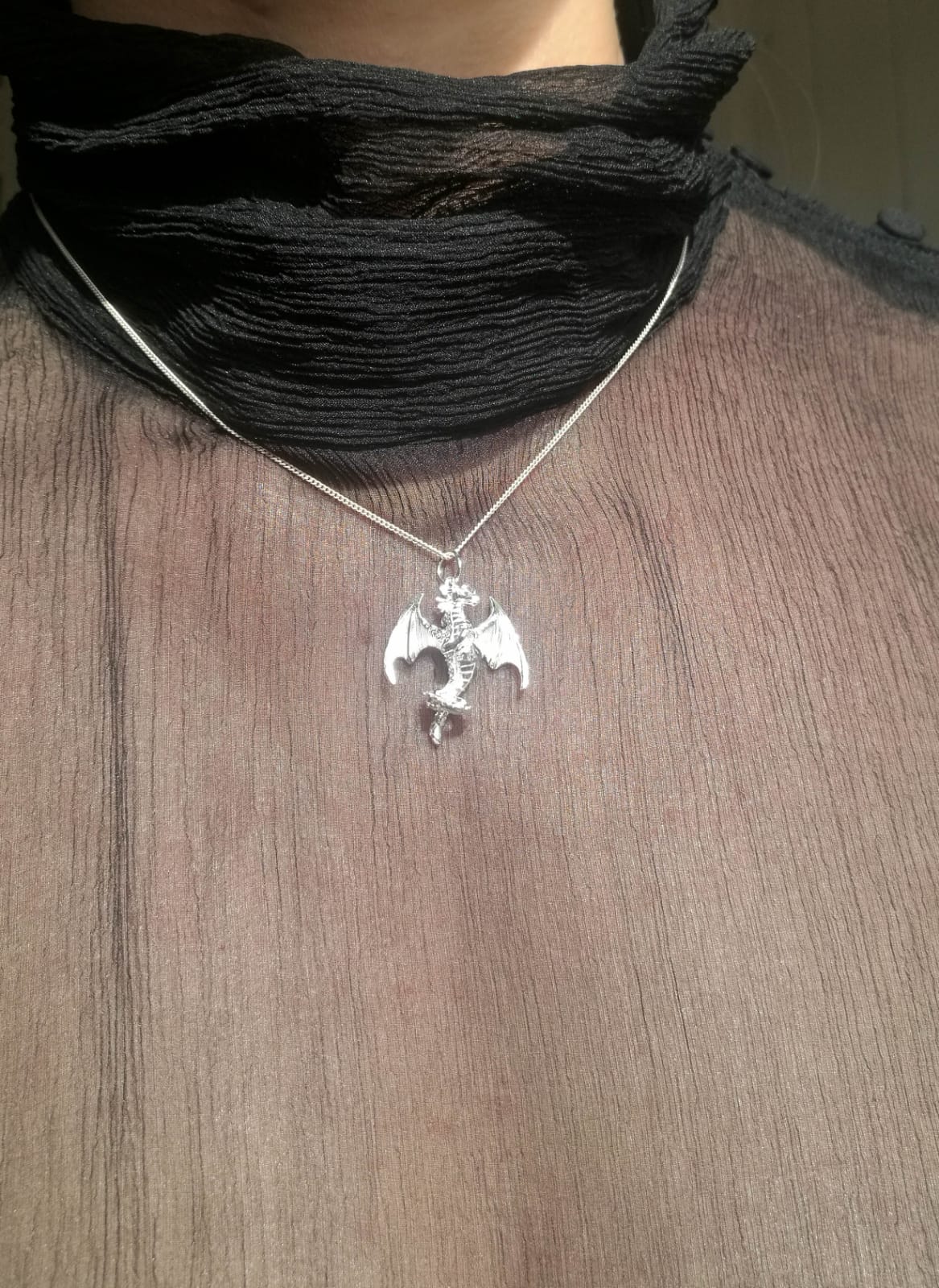 Sterling silver Dragon pendant worn on model