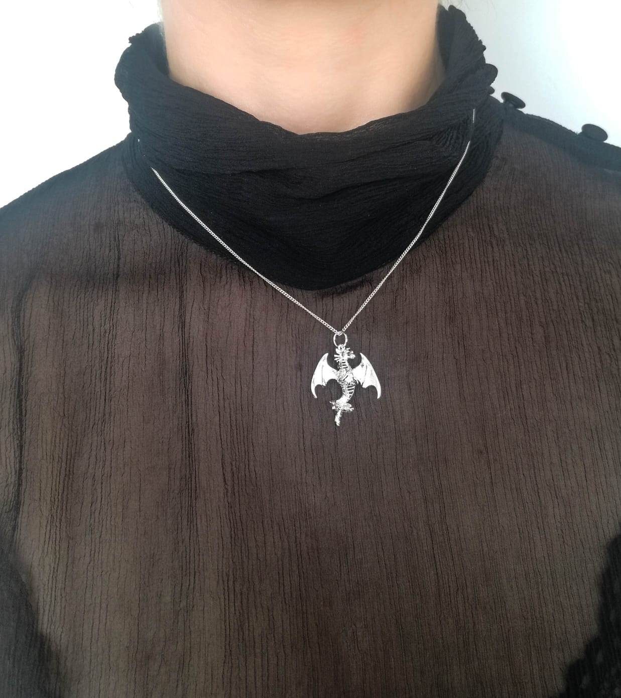 Ster silver dragon pendant worn on model gothic style