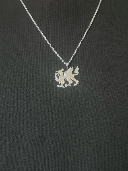 Men's Sterling Silver Welsh Dragon Pendant Necklace Symbol of Protection Wales Red Dragon