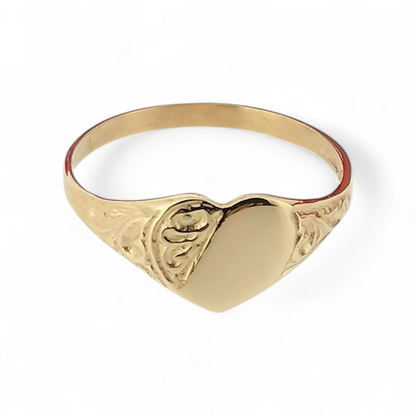 Half Engraved Heart Signet Ring Solid 9ct Yellow Gold Womens
