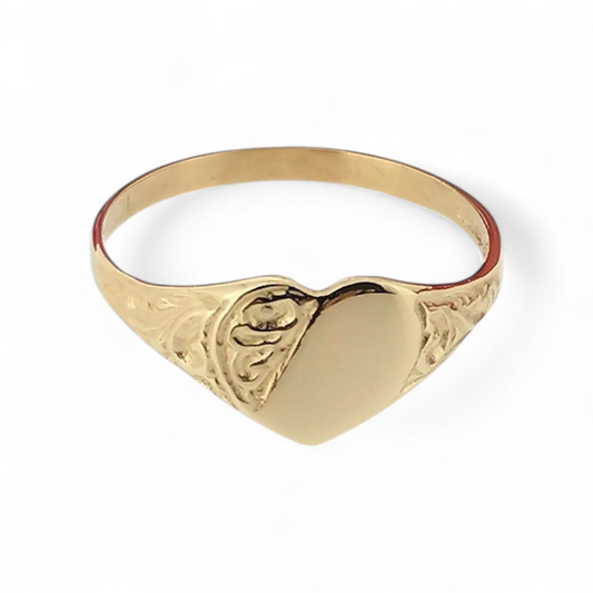 Half Engraved Heart Signet Ring Solid 9ct Yellow Gold Womens