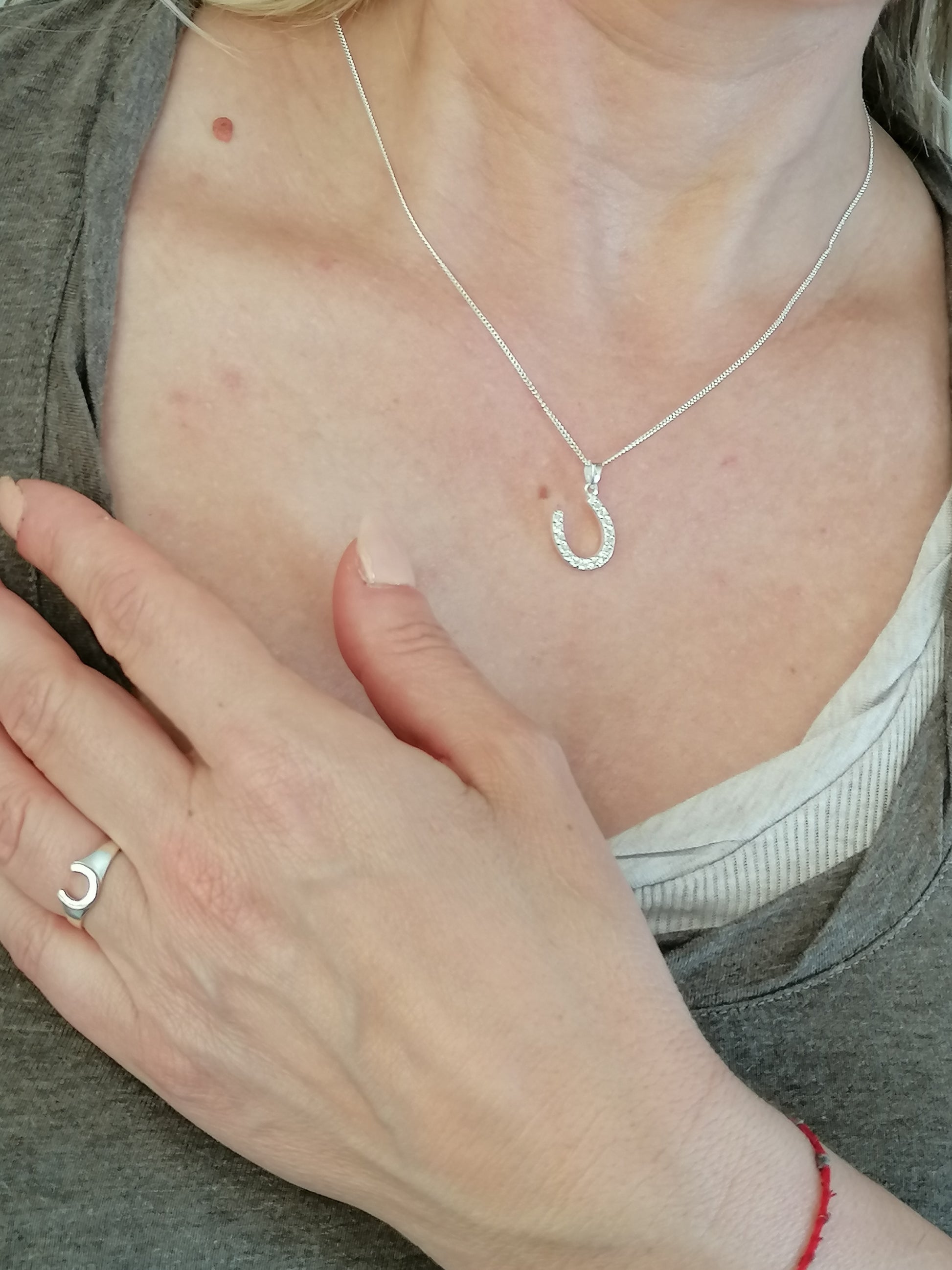 Womens Horseshoe Ring Pendant Necklace Sterling Silver 
