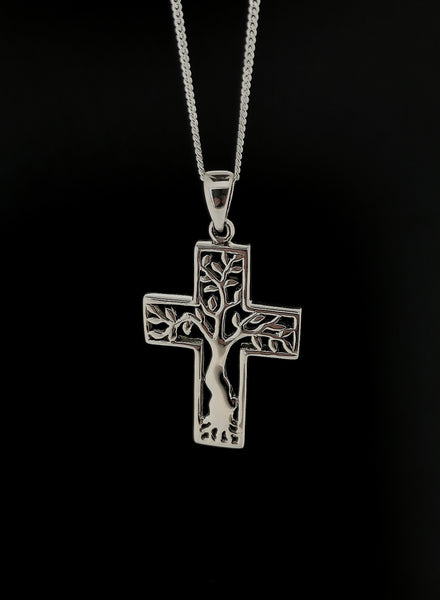 Solid 925 Sterling Silver Tree of Life Cross Pendant Necklace
